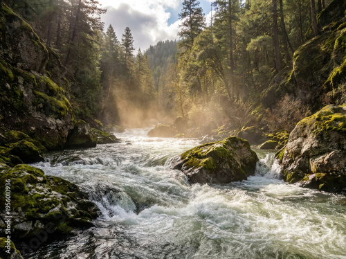A powerful river flows through a lush green forest with mist rising in the sunlight.