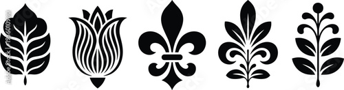 Ornamental floral leaf icons set with decorative vintage shapes black silhouette botanical elements classic design vector isolated collection