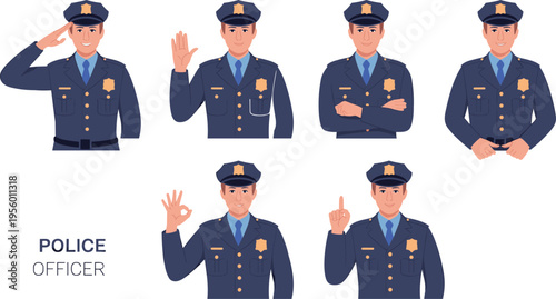 Police officer character set with different gestures uniform law enforcement professional flat vector illustration public safety design