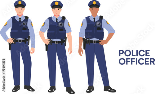Police officer characters set wearing uniform with equipment standing poses flat vector illustration law enforcement public safety design