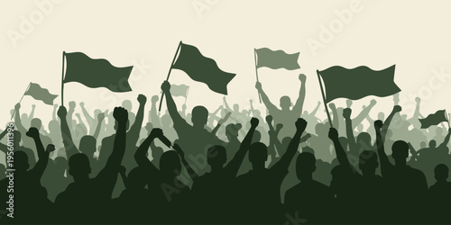 A crowd of people enthusiastically wave flags in a lively protest rally downtown.