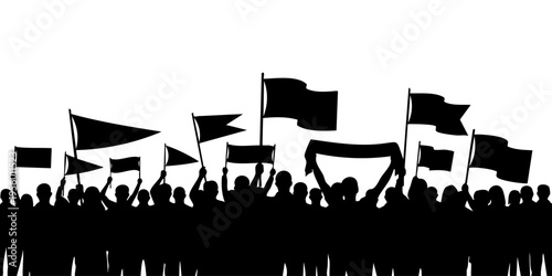 A group of people protesting with flags in a crowded public demonstration