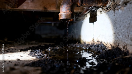 Quadro su tela Leaking Rusted Cast Iron Sewer Pipe in Damp Crawlspace with Mud