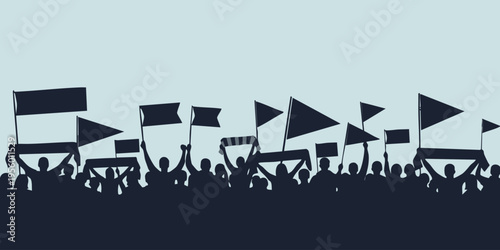 People protest with flags and banners in a crowd event.