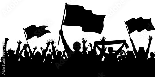 Crowd waves flags and cheers in a lively demonstration atmosphere downtown.