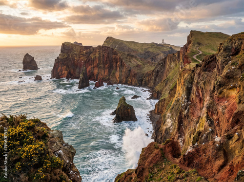 Dramatic coastal cliffs with crashing waves and a lighthouse under a cloudy sky at sunset.