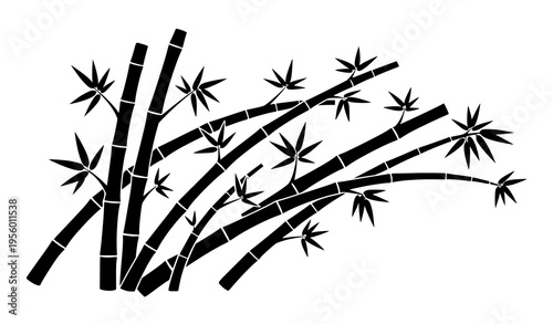 Dynamic bamboo stalk silhouettes with shoots and leaves vector illustration isolated on white background