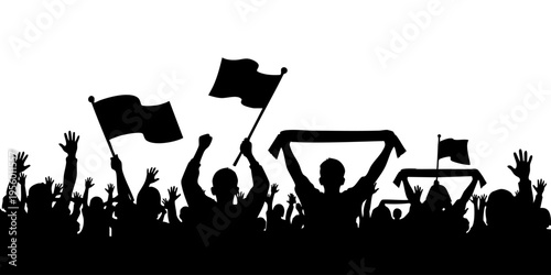 A crowd of people cheer and wave flags in celebration at an outdoor event.