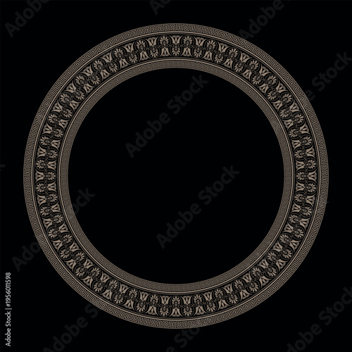 Vintage gold round frame on black background. Classical circular vector frame Greek inspired border palmette. Circle european border. Decorative element for design, plate, porcelain, ceramic. Vector