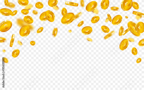 Gold coins rain isolated on transparent background. Earnings gold coins burst and explode wealth, jackpot, treasure, and finance concept