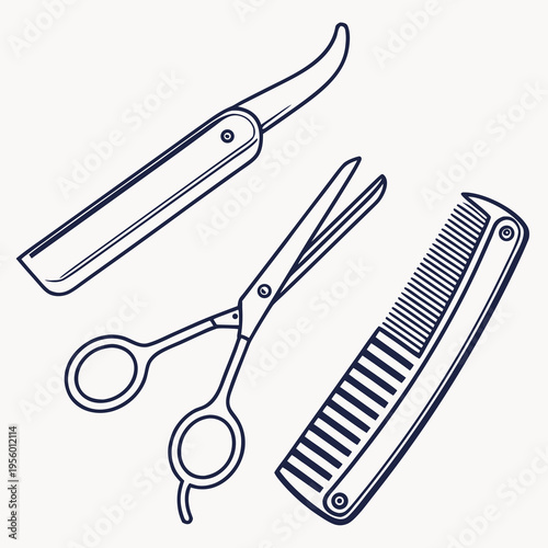 Barber tools: comb, scissors, straight razor, isolated on a white background