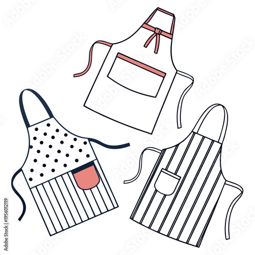 Collection of three illustrated aprons with line art