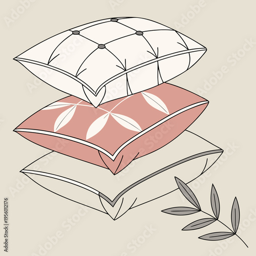 Stack of cushions with leaf branch graphic with offers a cozy, home decor