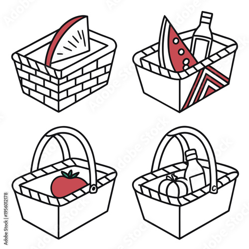 Four picnic baskets with food illustration with picnic basket