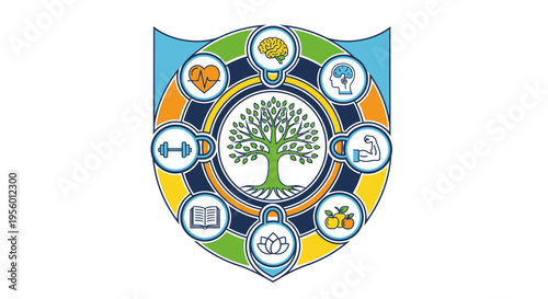 Wellness Shield with Holistic Health Icons and Flourishing Tree