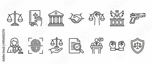 Vector graphic illustration of law and justice icons set including scales, court, and legal symbols