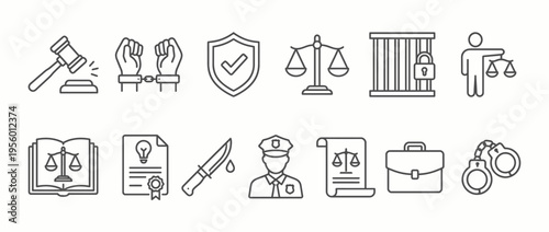 Vector graphic illustration of legal and law enforcement icons and symbols
