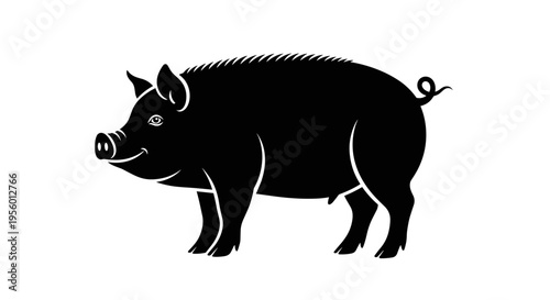 Silhouette of a black domestic pig standing profile view on a white background farm animal illustration simple graphic