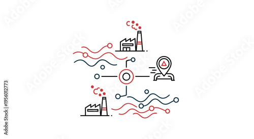 Industrial manufacturing process flow diagram with factories supply chain logistics and data connectivity