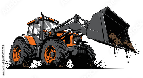 Powerful orange and black front loader tractor with raised bucket filled with dirt kicking up dust and mud in a dynamic