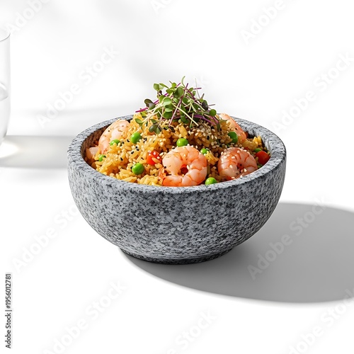 Shrimp and vegetable quinoa bowl with microgreens
