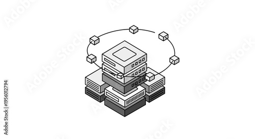 Abstract isometric digital network servers connected by orbiting nodes representing cloud computing data storage