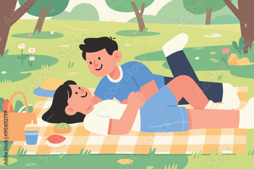 Illustration Of A Couple On A Date While Lying Romantically In The Park Vector Design Template