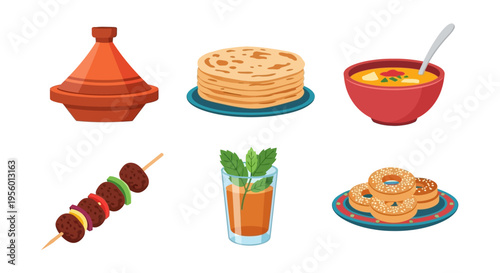 Delicious and colorful illustration of traditional Moroccan food and drink.
