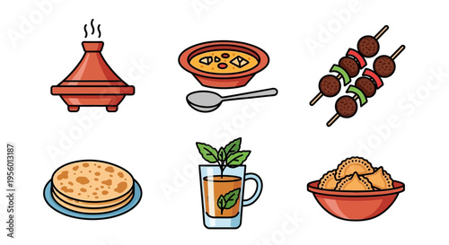 Delicious and colorful illustration of traditional Moroccan food and drinks.