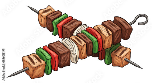 Delicious grilled kebabs with meat, vegetables, and onions, perfect for a barbecue.