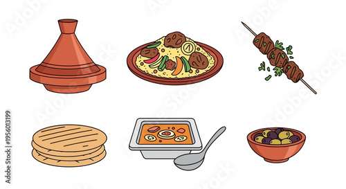 Delicious and colorful illustration of traditional Moroccan food dishes on white background.