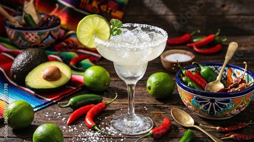 Salt-rimmed margarita glass filled with crushed ice and lime, surrounded by red chili peppers, halved avocados, and colorful pottery.