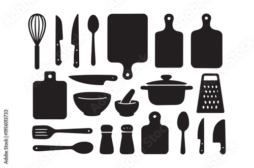 Black silhouettes of various kitchen tools and cooking utensils