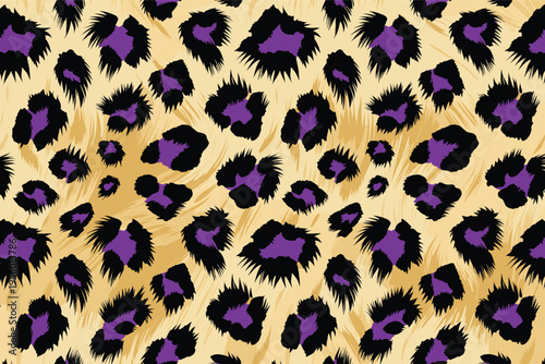 Exotic animal wildlife skin pattern, a vibrant leopard fur print with bold purple and yellow hues, forming a stylish camouflage background