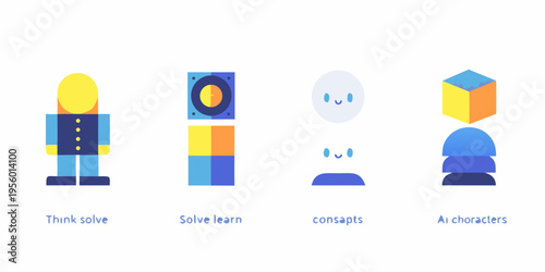 Colorful robotic characters and shapes arranged in a playful composition