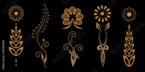 Golden floral arrangements and botanical elements on a black background