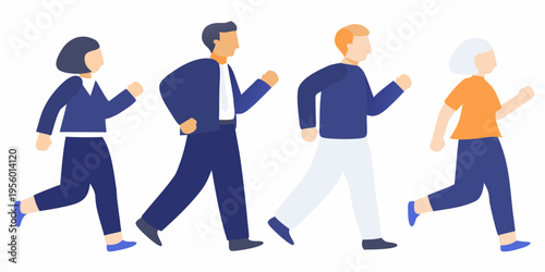 Diverse group of people are depicted walking in a linear fashion