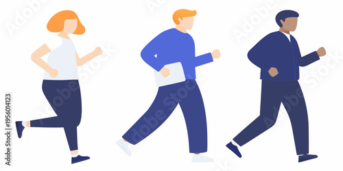 Three diverse people are depicted running forward in a minimalist style