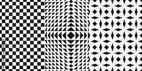 Optical illusion featuring distorted black and white geometric patterns