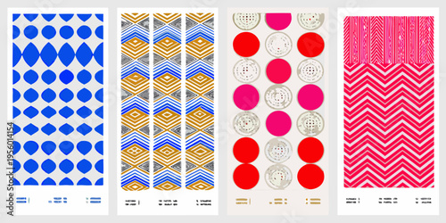 Four vertically oriented panels displaying vibrant repeating geometric patterns