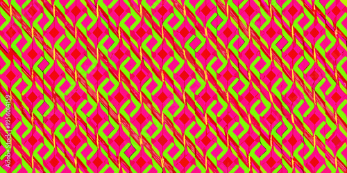 A vibrant geometric pattern of pink and green interlocking diamond shapes