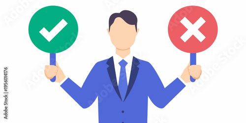 Man holding checkmark and x symbols representing choice or evaluation