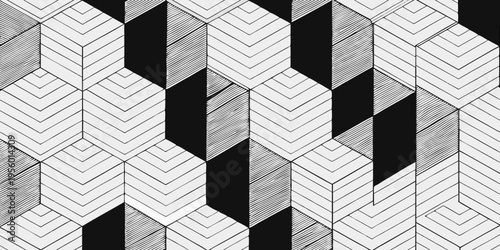 Abstract geometric pattern with repeating cubic shapes in black and white