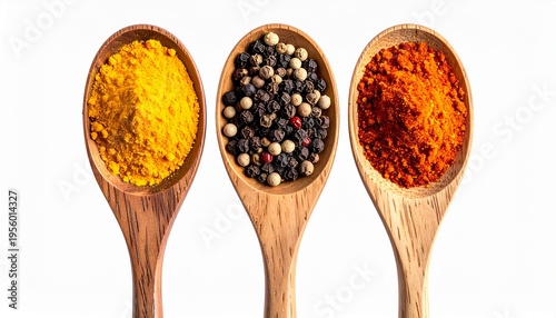 Three wooden spoons with turmeric, mixed peppercorns, and paprika spices on white background