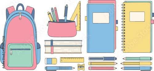 School supplies set with backpack, notebooks, pencils, ruler and stationery items, education tools vector illustration isolated on white background