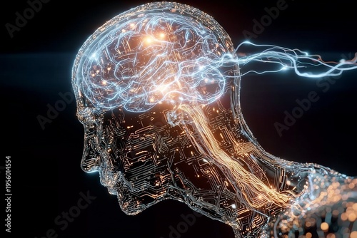 Futuristic digital neural network highlighting human brain connectivity with electric energy