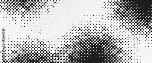 Abstract black halftone dot pattern on white background, monochrome pop art vector texture for minimalist banner, retro comic style, and modern industrial graphic design