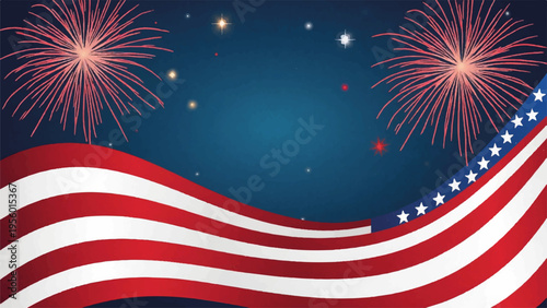 American flag waves with fireworks vector illustration