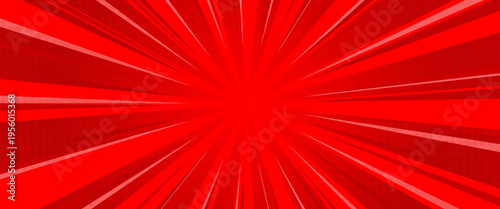 Abstract Red Comic Book Style Sunburst Background with Dynamic Speed Lines and Halftone Dot Pattern, Vibrant Retro Manga Backdrop for Superhero Promotion and Sale Banner Design