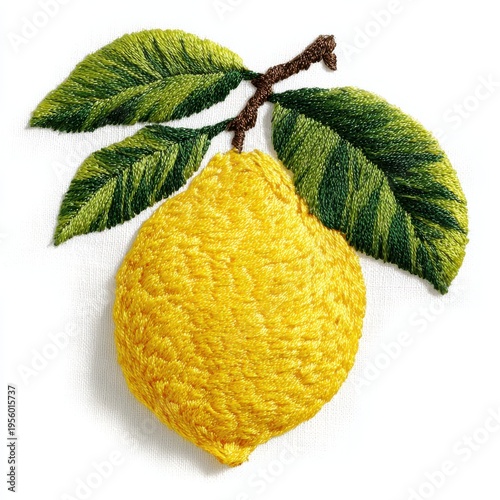 Detailed Textured Yellow Lemon Fruit with Green Leaves Branch Against White Background